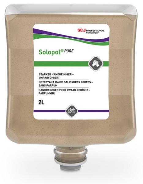 Solopol® PURE ist ein Lösemittelfreier Handreiniger mit natürlichem Reibemittel zur Entfernung starker Verschmutzungen durch Lacke auf Wasserbasis, Öle und Fette. Parfüm- und farbstofffrei.